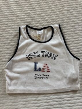 Zara White Tank Top with Black Trim and Red & Blue LA Graphic